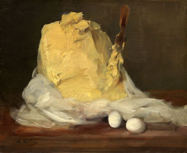 Mound of Butter, a still life painting of a mound of butter with a knife, on white cloth beside two eggs